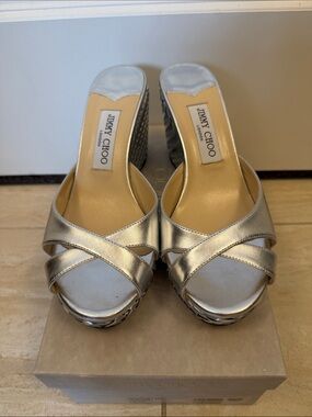 Jimmy Choo Silver Metallic Crisscross Mules